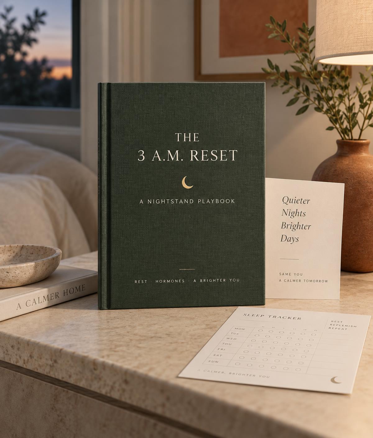 The 3 A.M. Reset guide on a warm nightstand with printable sleep tracker